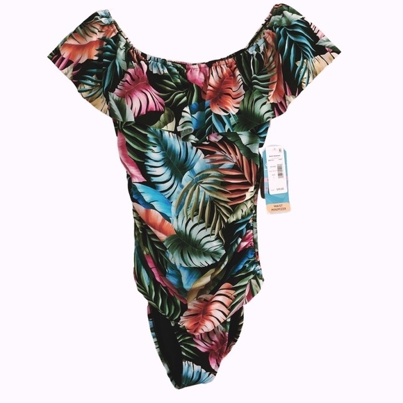 Swim Solutions Off The Shoulder Ruffle One Piece Swimsuit Size 8 Black Multi - Picture 3 of 14